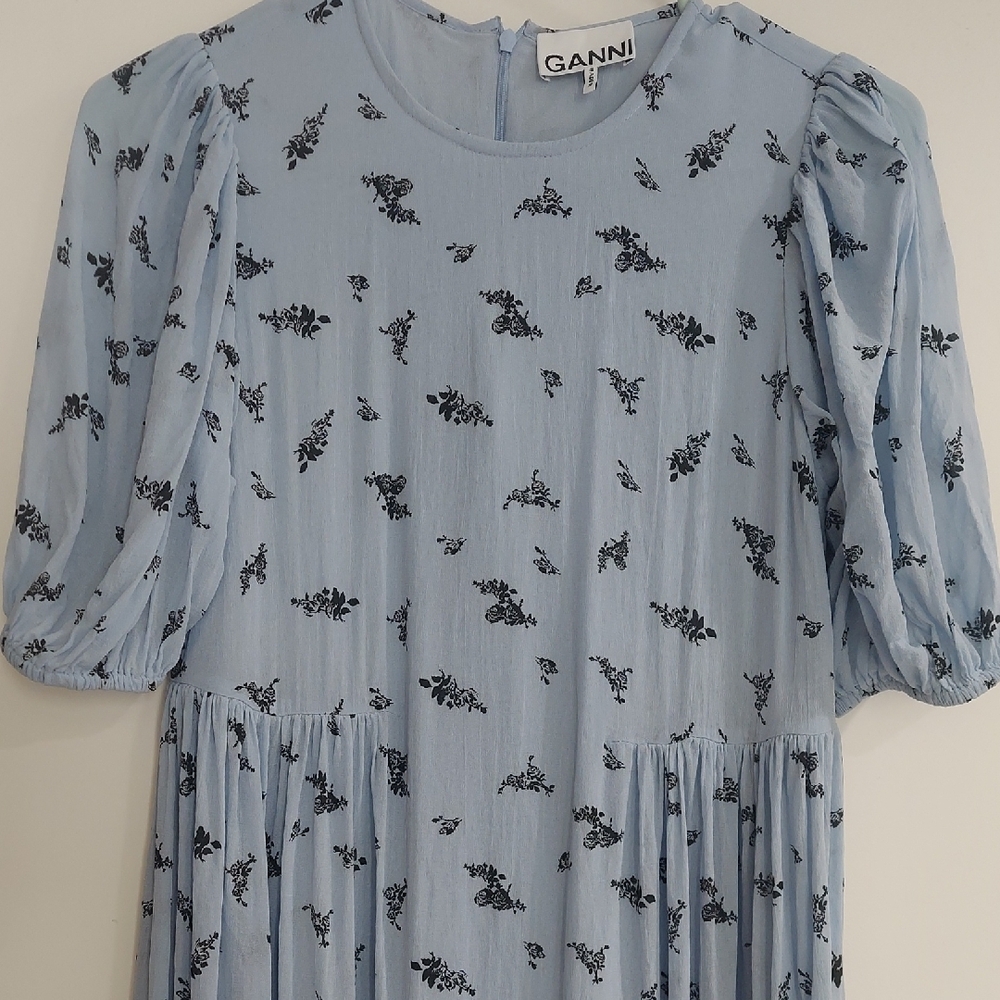 Ganni Light Blue Dress with Black Floral Pattern - Picture 3 of 15